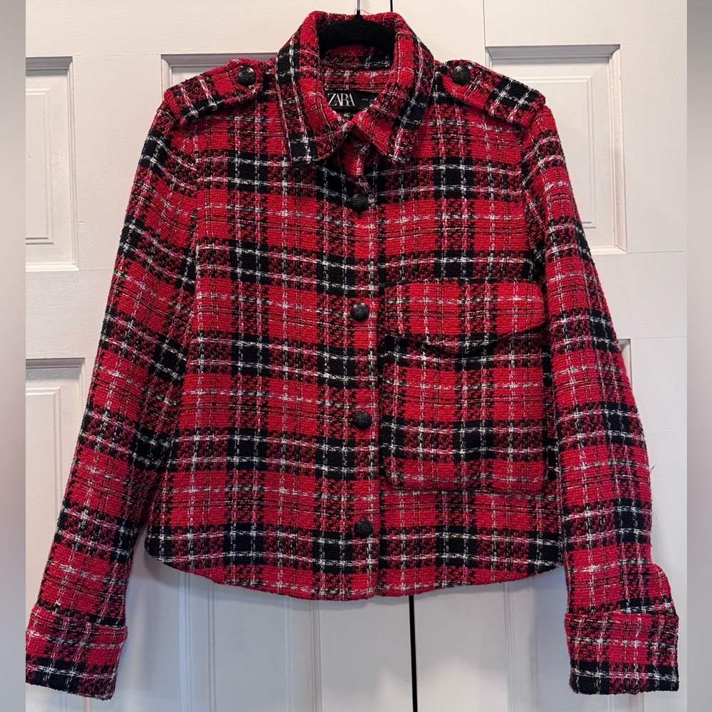 ZARA Red and Black Plaid Tweed Jacket